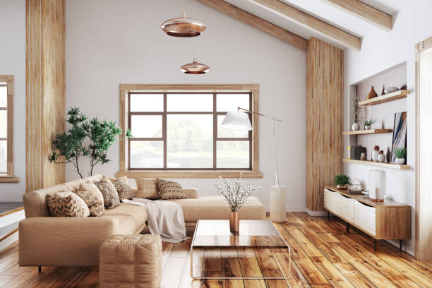 modern interior of living room with beige sofa 3d rendering
